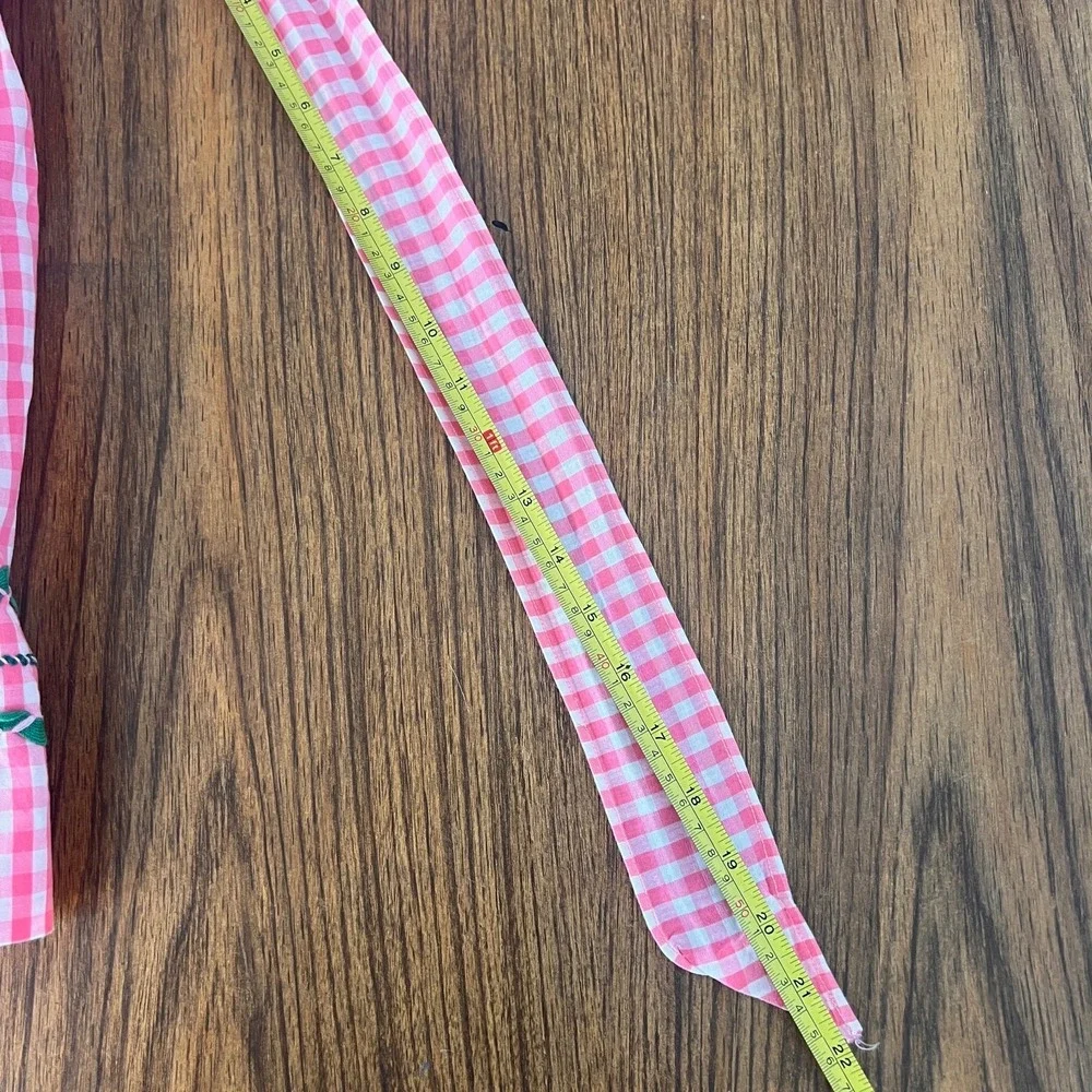 Vtg Pink & White Gingham Check Apron w/ Hand Stitched Embroidery Rick Rack Trim